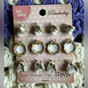 Bead Landing Pemberly Pink Floral Victorian Tea Cup Plates Bead Charms Jewelry